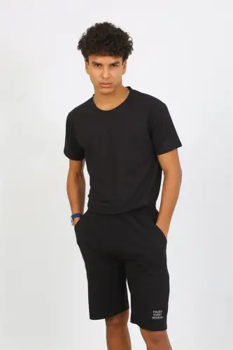Akbeniz Men's Cotton Lacoste Top and Bottom Capri Pajama Set Black 6872 - 4