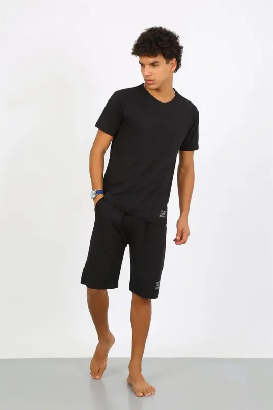 Akbeniz Men's Cotton Lacoste Top and Bottom Capri Pajama Set Black 6872 - 6