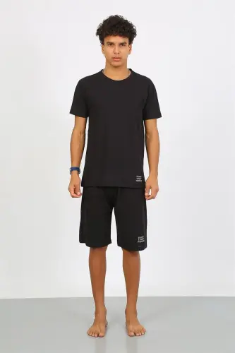 Akbeniz Men's Cotton Lacoste Top and Bottom Capri Pajama Set Black 6872 - 8