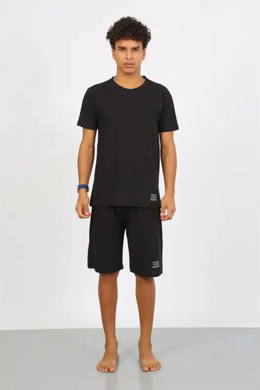 Akbeniz Men's Cotton Lacoste Top and Bottom Capri Pajama Set Black 6872 - 8