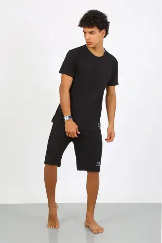 Akbeniz Men's Cotton Lacoste Top and Bottom Capri Pajama Set Black 6872 