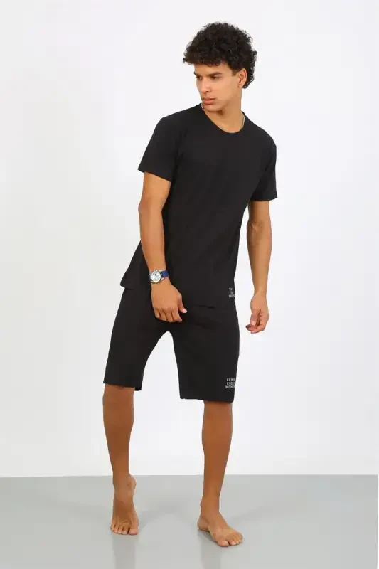 Akbeniz Men's Cotton Lacoste Top and Bottom Capri Pajama Set Black 6872 - AKBENIZ