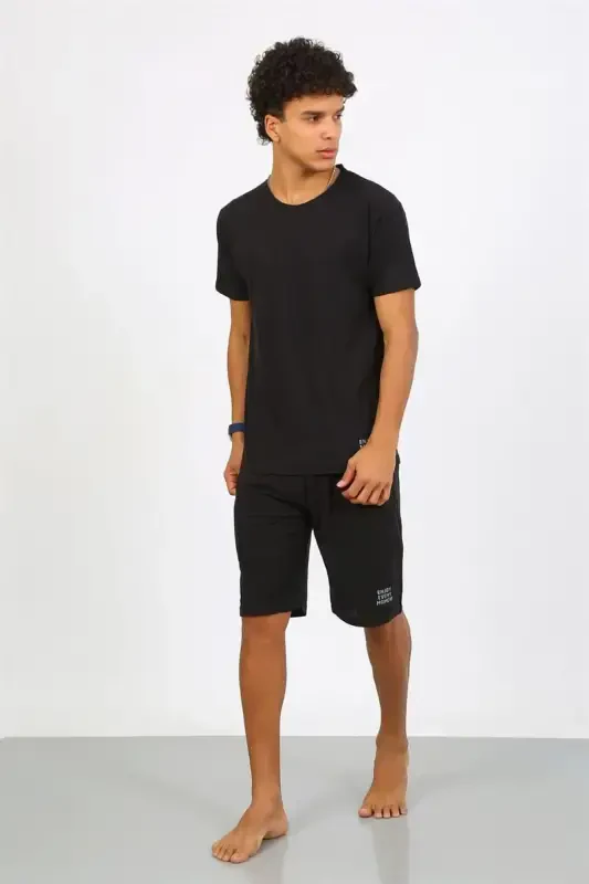 Akbeniz Men's Cotton Lacoste Top and Bottom Capri Pajama Set Black 6872 - 3