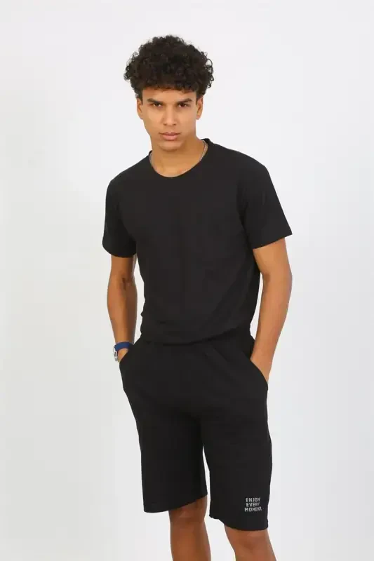 Akbeniz Men's Cotton Lacoste Top and Bottom Capri Pajama Set Black 6872 - 4