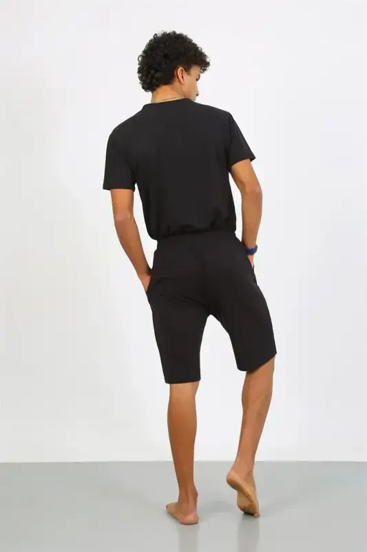 Akbeniz Men's Cotton Lacoste Top and Bottom Capri Pajama Set Black 6872 - 5