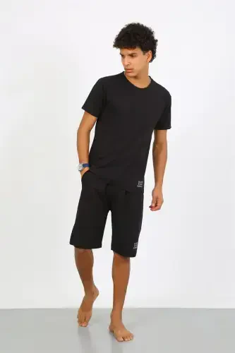 Akbeniz Men's Cotton Lacoste Top and Bottom Capri Pajama Set Black 6872 - 6