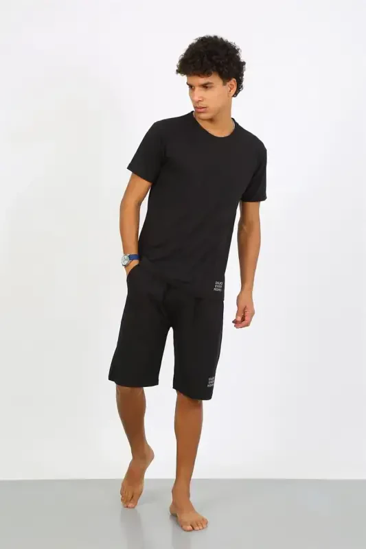 Akbeniz Men's Cotton Lacoste Top and Bottom Capri Pajama Set Black 6872 - 6