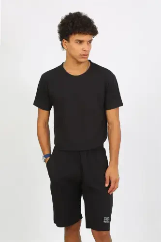 Akbeniz Men's Cotton Lacoste Top and Bottom Capri Pajama Set Black 6872 - 7