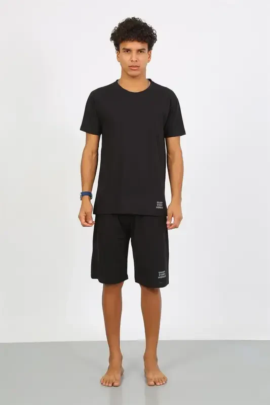 Akbeniz Men's Cotton Lacoste Top and Bottom Capri Pajama Set Black 6872 - 8