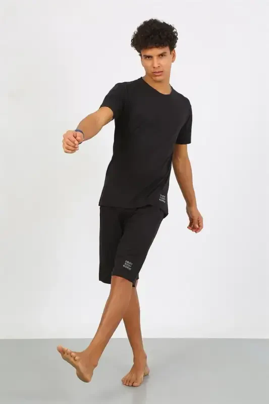 Akbeniz Men's Cotton Lacoste Top and Bottom Capri Pajama Set Black 6872 - 9