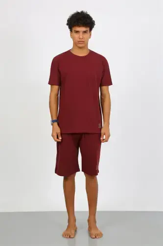 Akbeniz Men's Cotton Lacoste Top and Bottom Capri Pajama Set Burgundy 6872 - 4