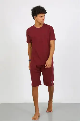 Akbeniz Men's Cotton Lacoste Top and Bottom Capri Pajama Set Burgundy 6872 - 6