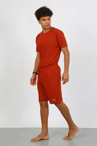Akbeniz Men's Cotton Lacoste Top and Bottom Capri Pajama Set Terracotta 6872 - 6