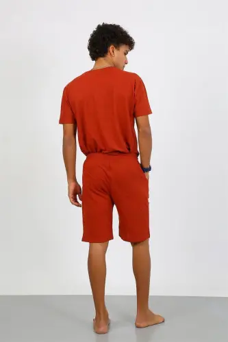Akbeniz Men's Cotton Lacoste Top and Bottom Capri Pajama Set Terracotta 6872 - 7