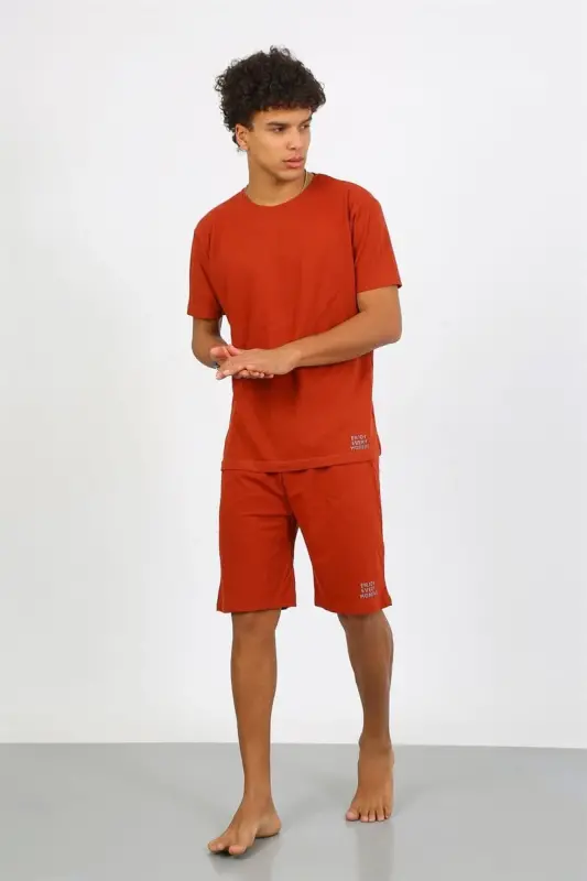 Akbeniz Men's Cotton Lacoste Top and Bottom Capri Pajama Set Terracotta 6872 - 8