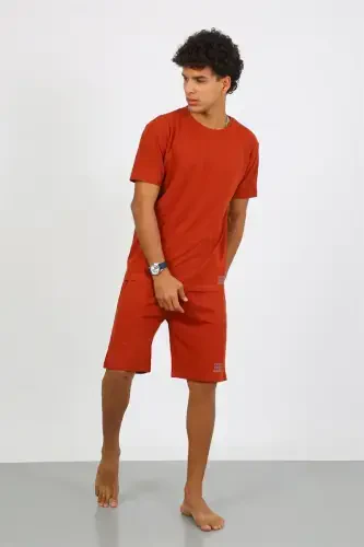 Akbeniz Men's Cotton Lacoste Top and Bottom Capri Pajama Set Terracotta 6872 