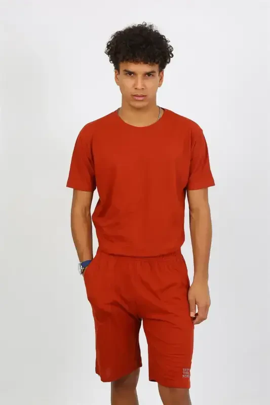 Akbeniz Men's Cotton Lacoste Top and Bottom Capri Pajama Set Terracotta 6872 - 2
