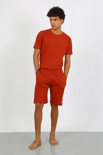 Akbeniz Men's Cotton Lacoste Top and Bottom Capri Pajama Set Terracotta 6872 - 3