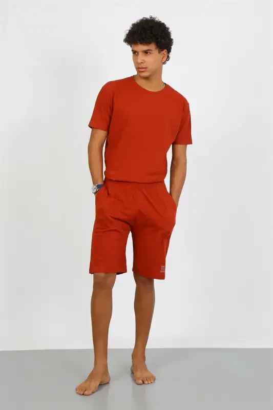 Akbeniz Men's Cotton Lacoste Top and Bottom Capri Pajama Set Terracotta 6872 - 3