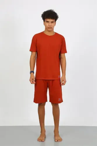 Akbeniz Men's Cotton Lacoste Top and Bottom Capri Pajama Set Terracotta 6872 - 4