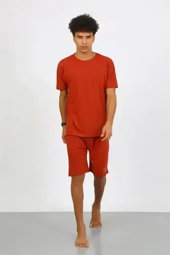 Akbeniz Men's Cotton Lacoste Top and Bottom Capri Pajama Set Terracotta 6872 - 5