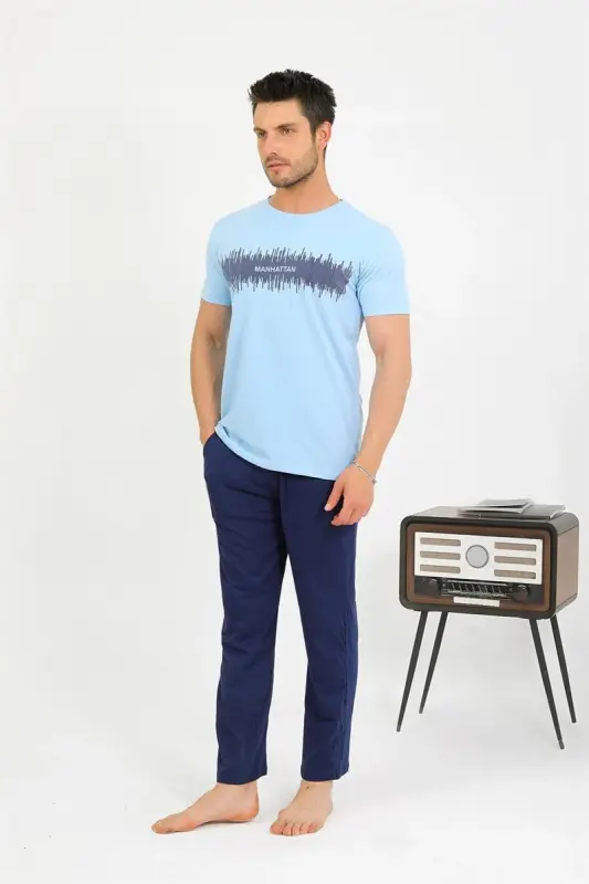 Akbeniz Men's Cotton Short Sleeve Pajama Set Blue 6875 - 1