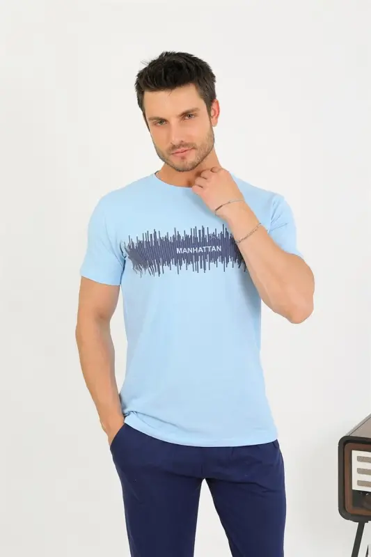 Akbeniz Men's Cotton Short Sleeve Pajama Set Blue 6875 - 2
