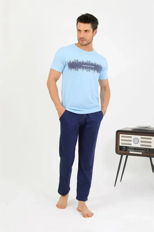 Akbeniz Men's Cotton Short Sleeve Pajama Set Blue 6875 - 4