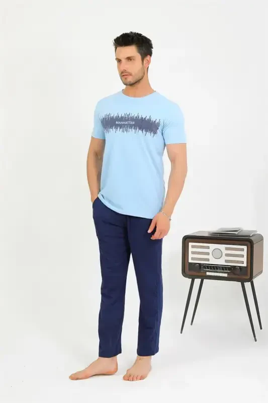 Akbeniz Men's Cotton Short Sleeve Pajama Set Blue 6875 - 1