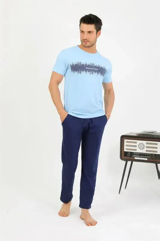 Akbeniz Men's Cotton Short Sleeve Pajama Set Blue 6875 - 4