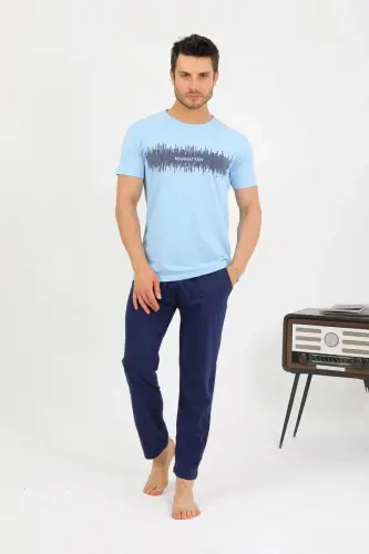 Akbeniz Men's Cotton Short Sleeve Pajama Set Blue 6875 - 3