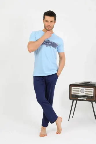 Akbeniz Men's Cotton Short Sleeve Pajama Set Blue 6875 - 5