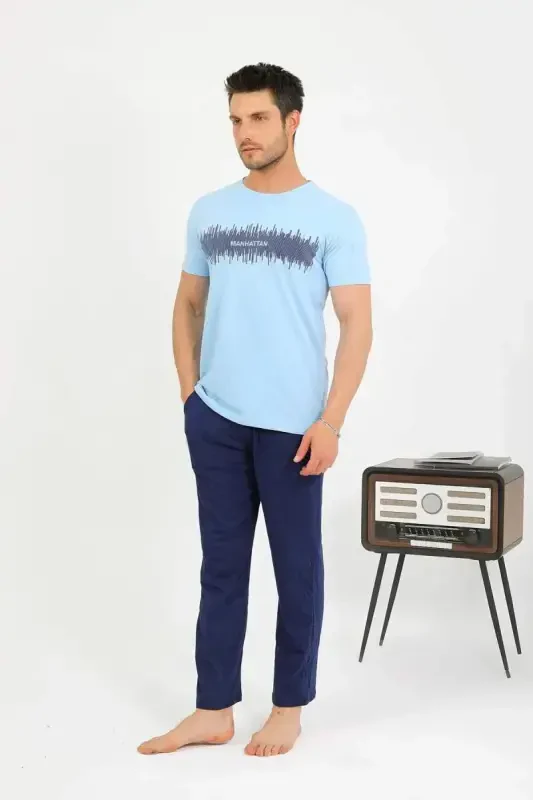 Akbeniz Men's Cotton Short Sleeve Pajama Set Blue 6875 - BÜYÜKBEDENIZ