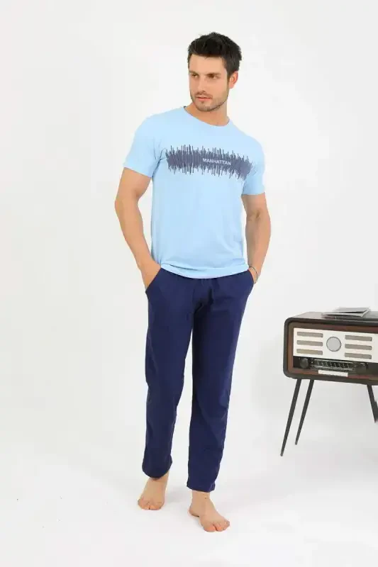Akbeniz Men's Cotton Short Sleeve Pajama Set Blue 6875 - 4