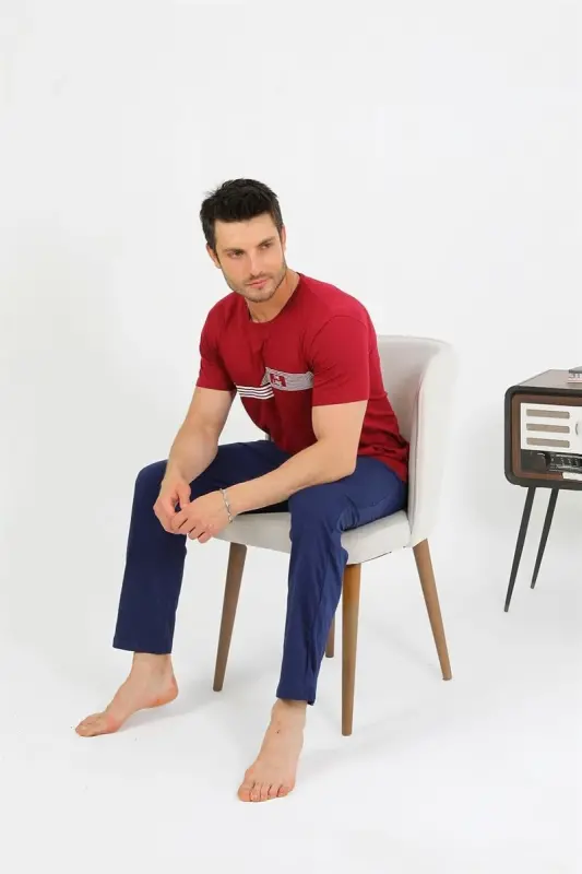 Akbeniz Men's Cotton Short Sleeve Pajama Set Burgundy 6875 - 3