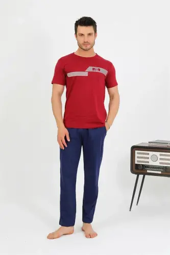 Akbeniz Men's Cotton Short Sleeve Pajama Set Burgundy 6875 - 4
