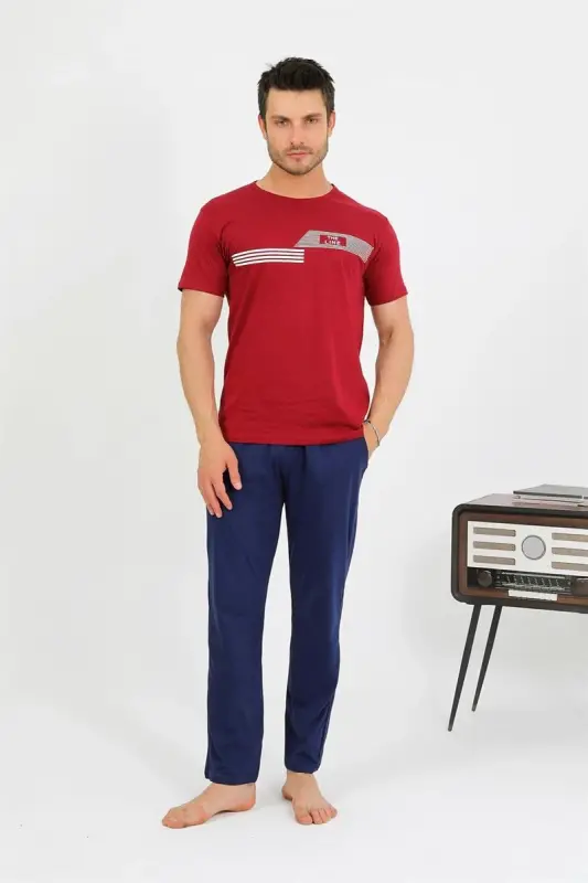 Akbeniz Men's Cotton Short Sleeve Pajama Set Burgundy 6875 - 4