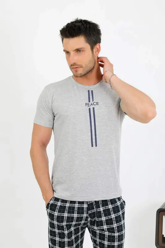 Akbeniz Men's Cotton Short Sleeve Pajama Set Grey 6875 - 1