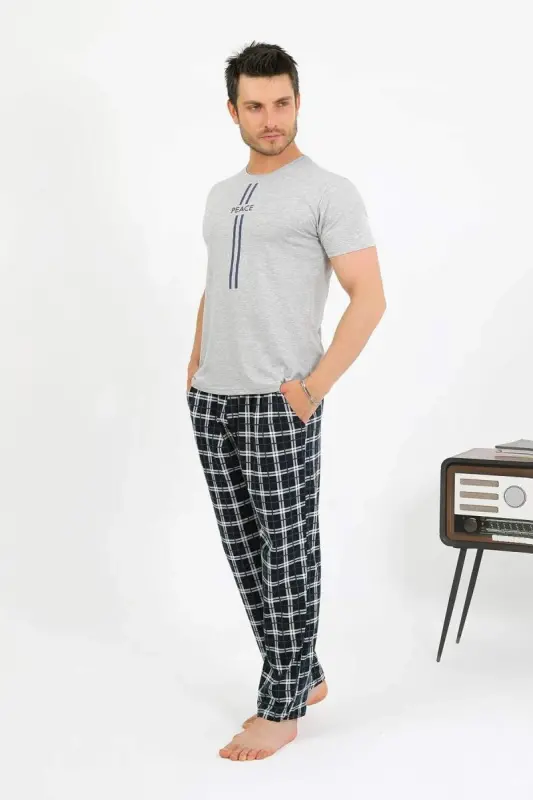 Akbeniz Men's Cotton Short Sleeve Pajama Set Grey 6875 - 2