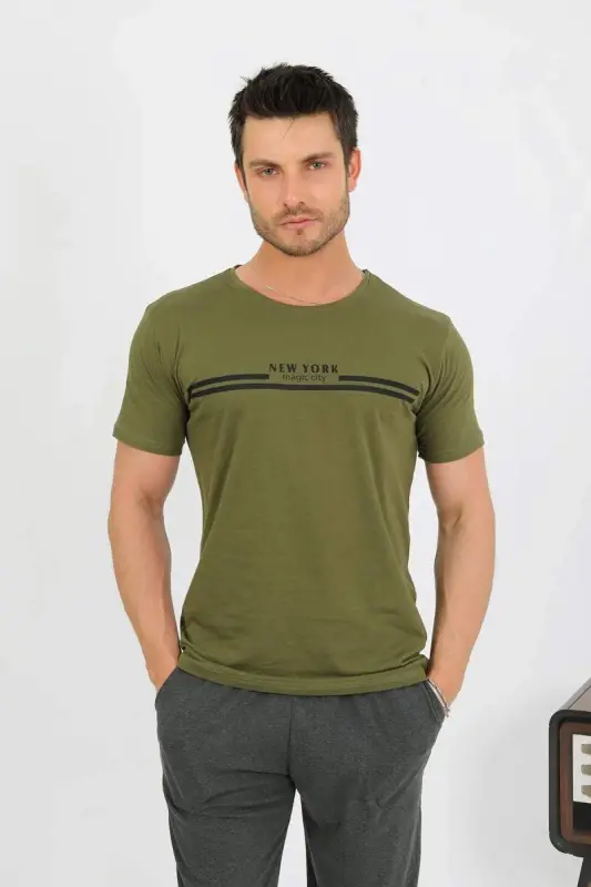 Akbeniz Men's Cotton Short Sleeve Pajama Set Khaki 6875 - 2