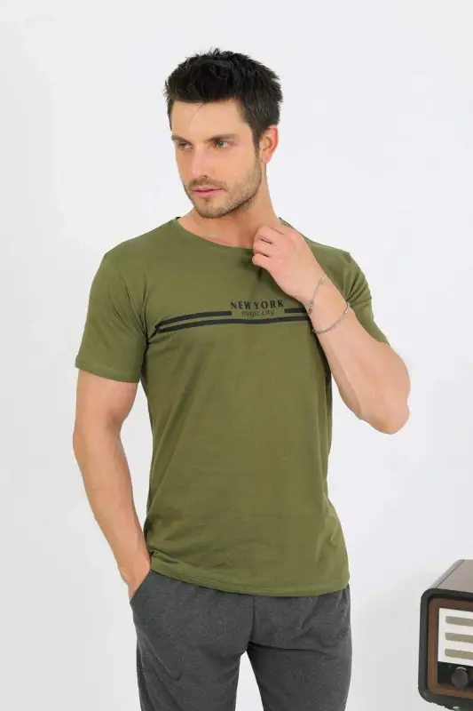 Akbeniz Men's Cotton Short Sleeve Pajama Set Khaki 6875 - 3