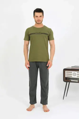 Akbeniz Men's Cotton Short Sleeve Pajama Set Khaki 6875 - 4