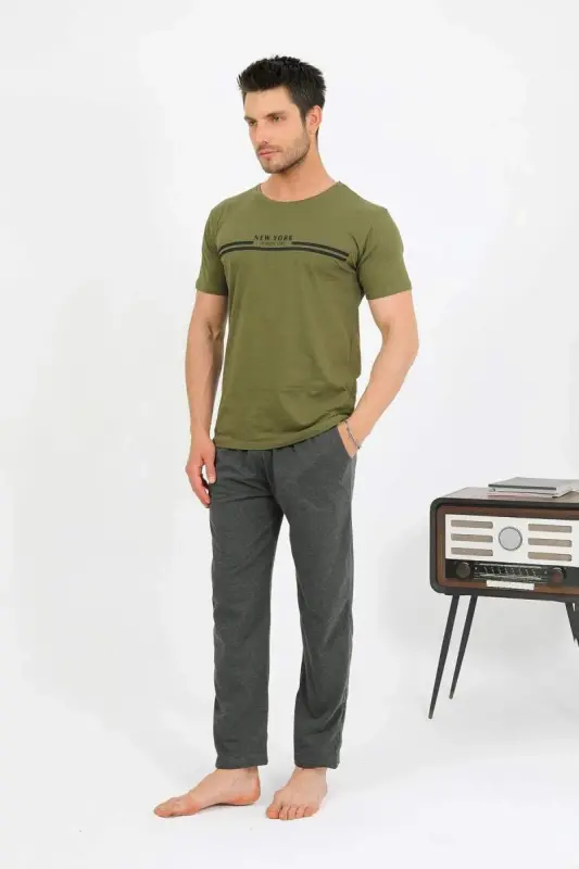 Akbeniz Men's Cotton Short Sleeve Pajama Set Khaki 6875 - 5