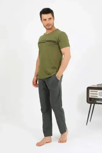 Akbeniz Men's Cotton Short Sleeve Pajama Set Khaki 6875 - 1