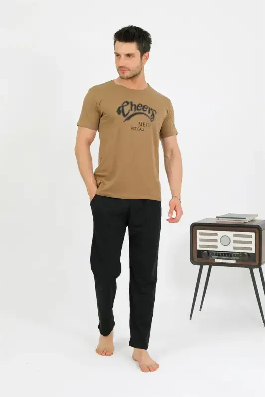 Akbeniz Men's Cotton Short Sleeve Pajama Set Mink 6875 - AKBENIZ