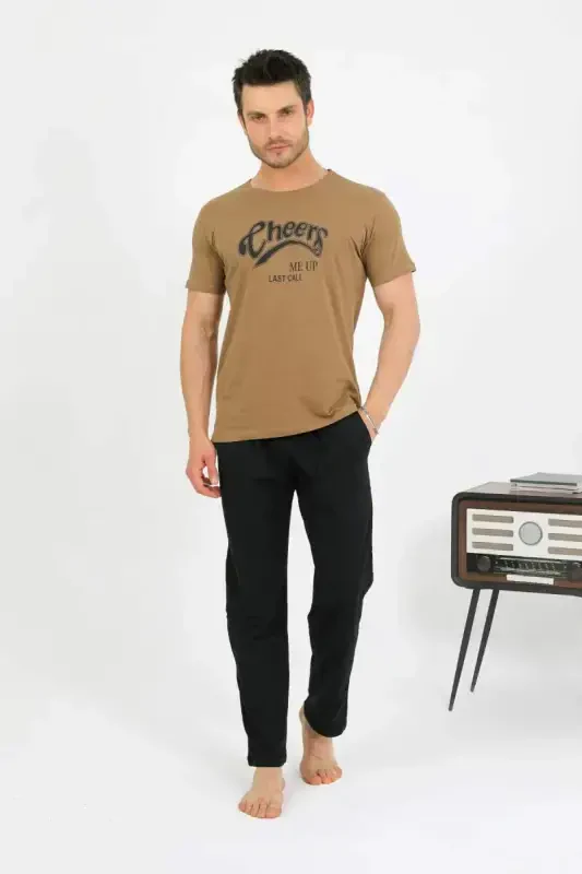 Akbeniz Men's Cotton Short Sleeve Pajama Set Mink 6875 - 3