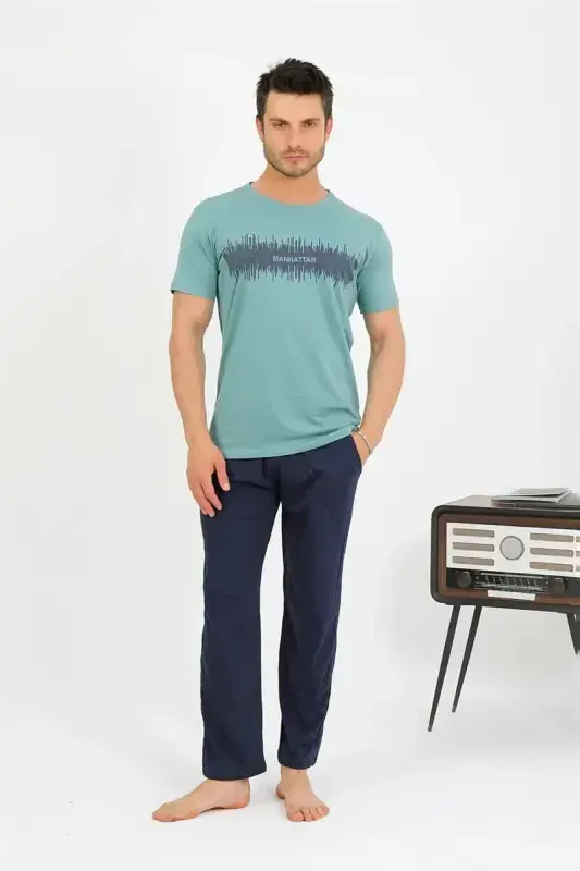 Akbeniz Men's Cotton Short-Sleeve Pajama Set Sea Green 6875 - AKBENIZ