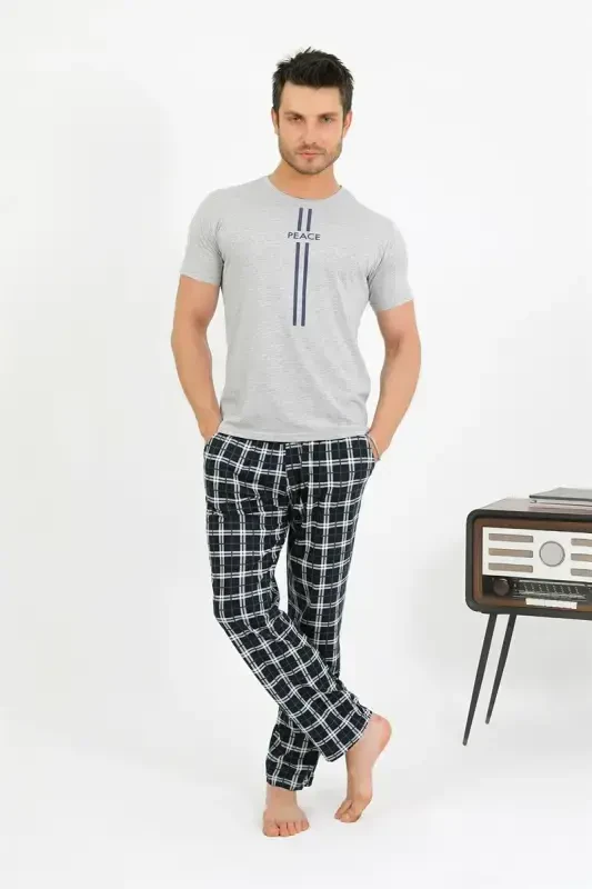 Akbeniz Men's Cotton Short Sleeve Pajamas Set Gray 6875 - 3