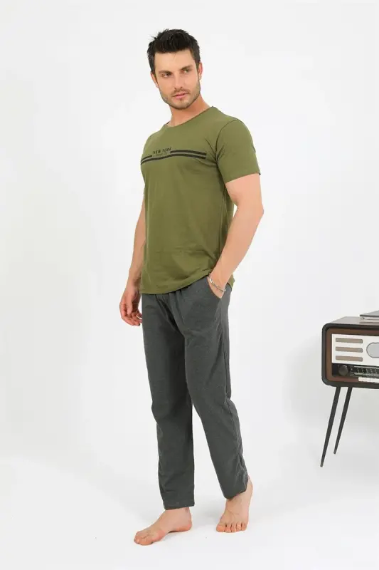 Akbeniz Men's Cotton Short Sleeve Pajamas Set Khaki 6875 - AKBENIZ