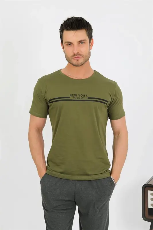 Akbeniz Men's Cotton Short Sleeve Pajamas Set Khaki 6875 - 2